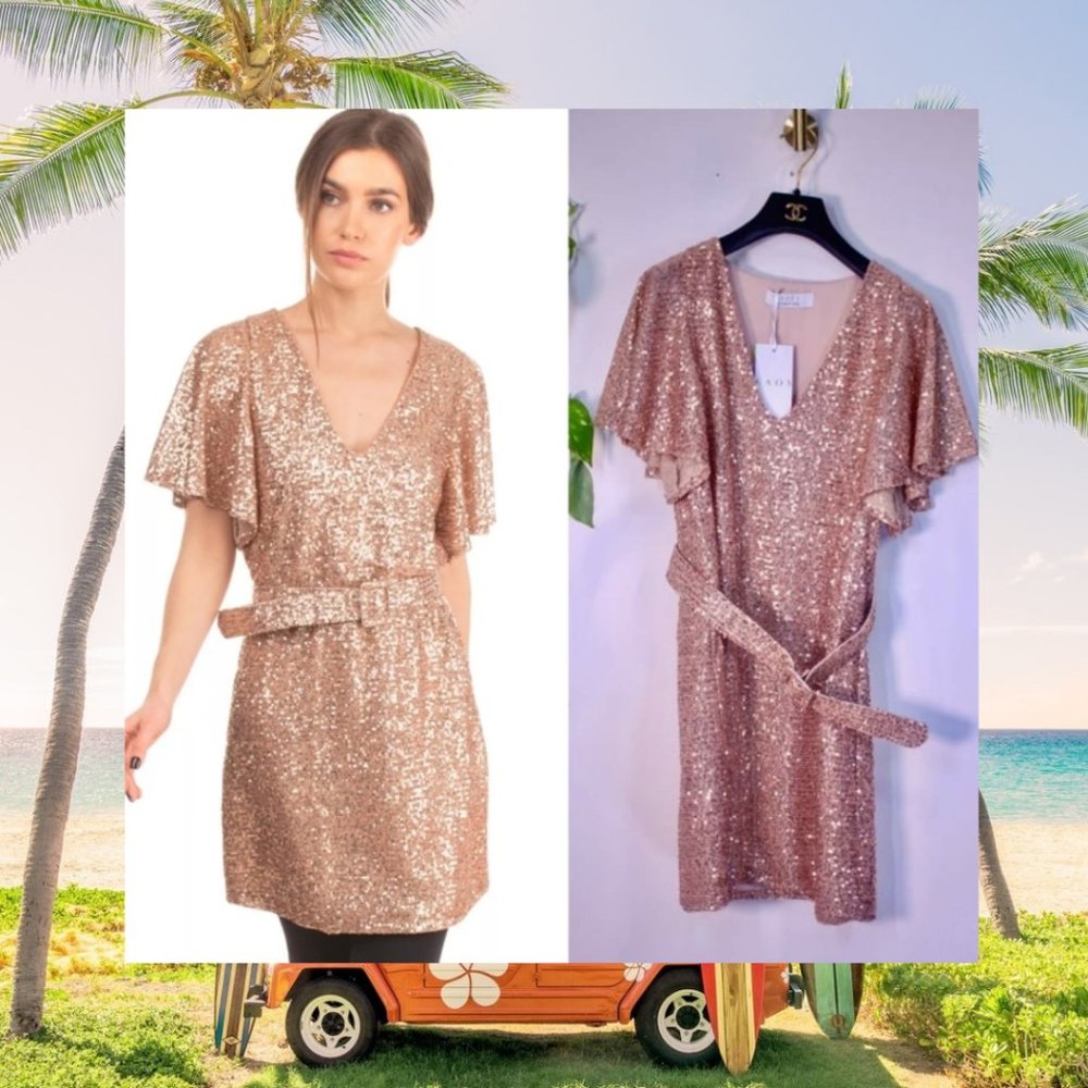 Gold Cocktail Dress MEDIUM Party Tunic Sequin Allover Beaded‎ KAOS NWT